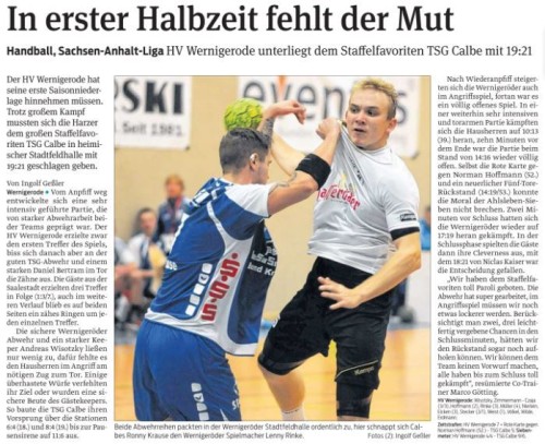 Volksstimme Spielbericht 1. Männer HVW- TSG Calbe